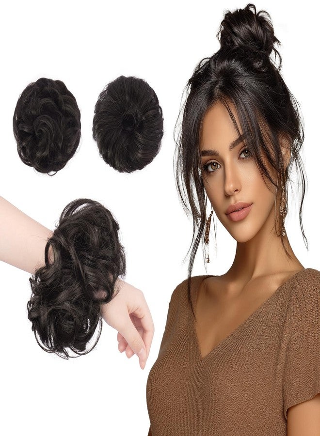 فيشبن قطعتان من وصلات الشعر الصغيرة على شكل كعكة فوضوية من فيشفين للشعر الخفيف للنساء والفتيات، وصلات شعر صغيرة مطاطية مموجة على شكل كعكة فضائية، بني وأسود - Image 1